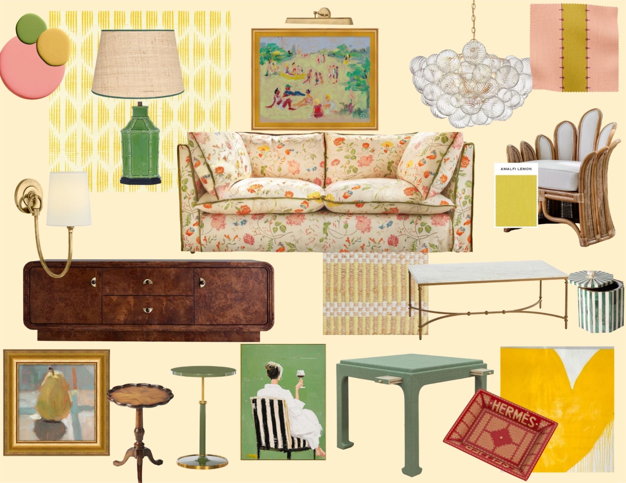 A curated mood board of furniture, art, lighting, and textiles styled by The Color Meg