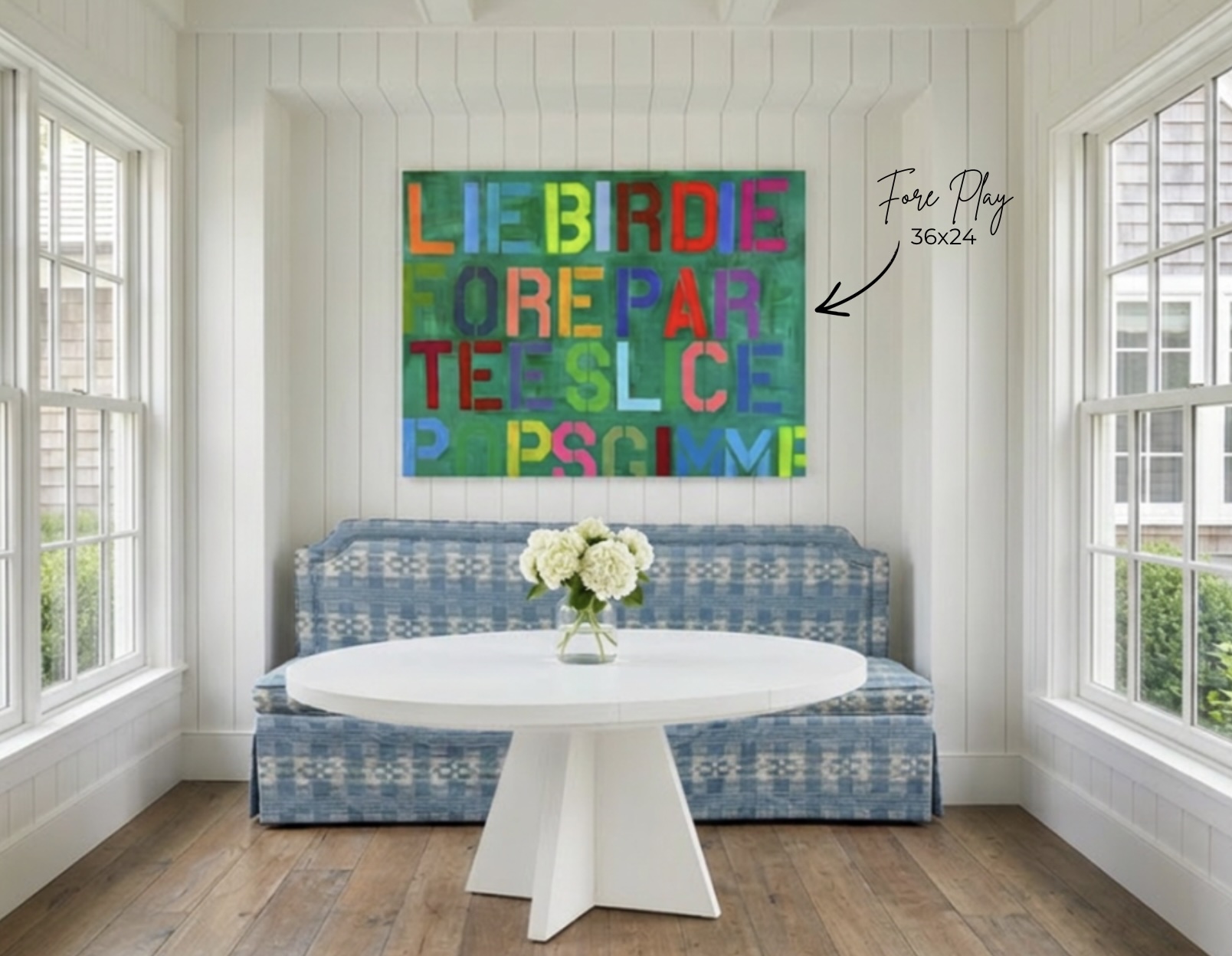 Fore Play, 36x24 — original painting styled in a sunroom