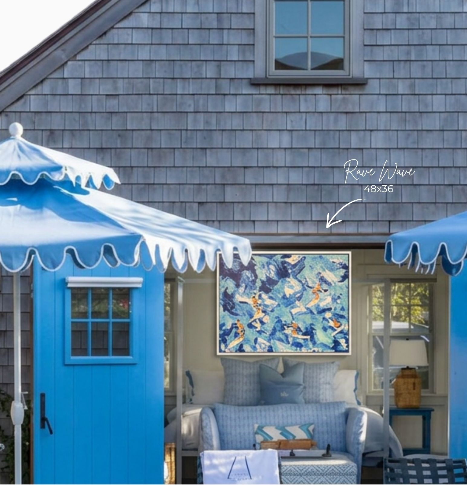 Rave Wave, 48x36 — original painting styled on a shingled cottage porch