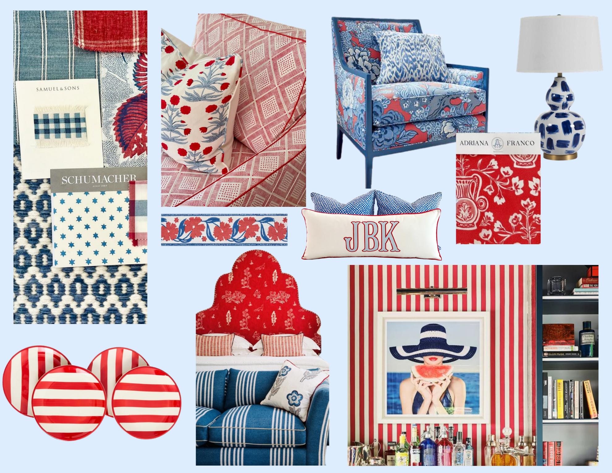 Americana mood board — red, white, and blue textiles, patterns, and furnishings