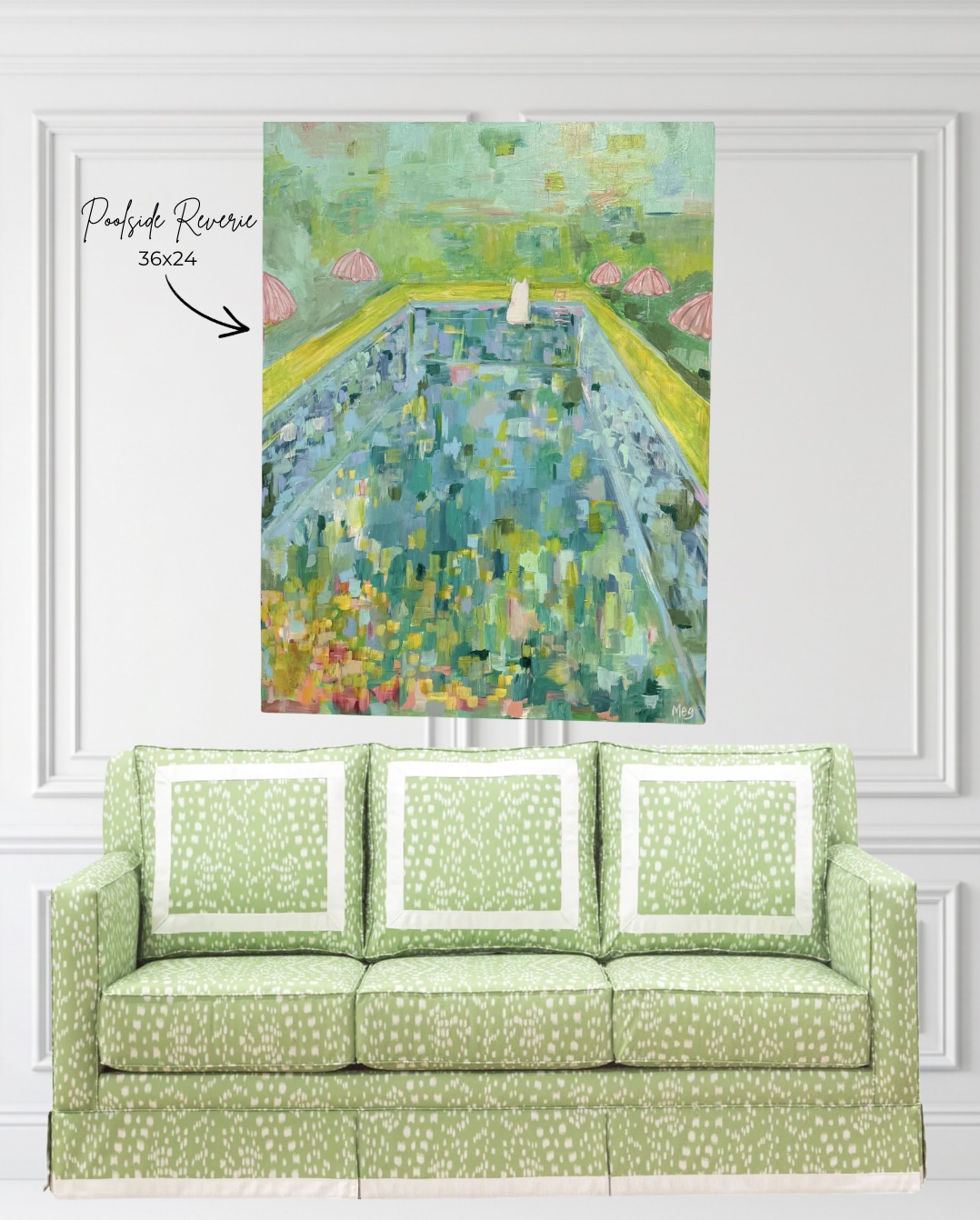 Poolside Reverie, 36x24 — original painting styled above a green sofa