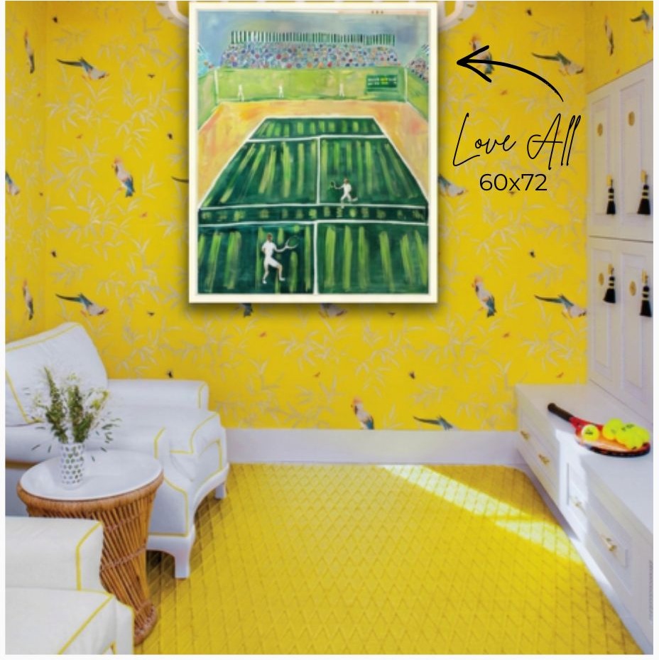 Love All, 60x72 — original painting styled in a bright yellow tennis lounge